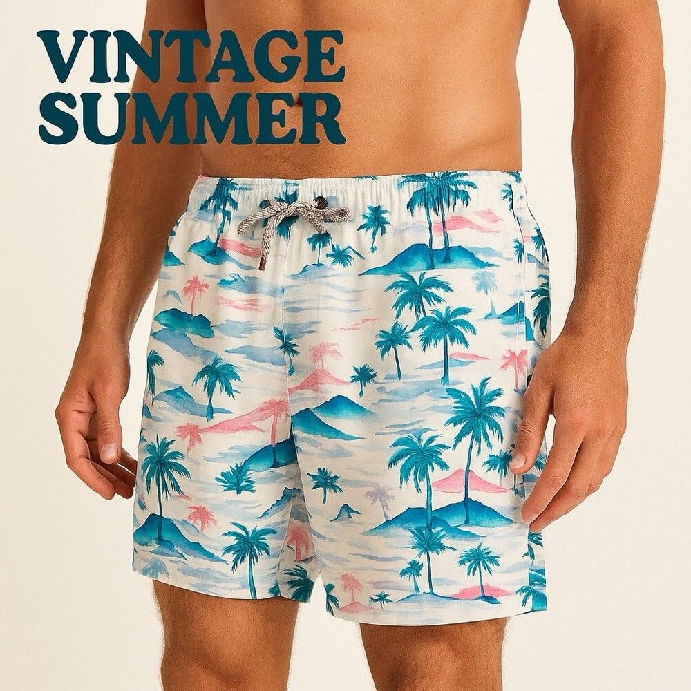Vintage Summer Men’s Swim Trunks XXL Island Print Drawstring Lined Board Shorts